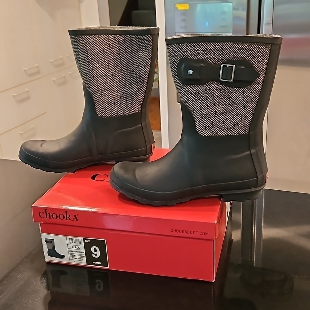 💕CHOOKA💕 Classic Mid Calf Racer Rain Boots ~ Herringbone Print Size 9